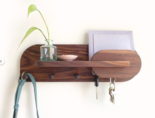 Wall Mounted Key Holder with Shelf, Wooden Entryway Organizer, 3 Hooks, Brown Walnut - Image 3