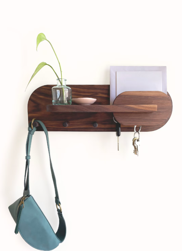 Wall Mounted Key Holder with Shelf, Wooden Entryway Organizer, 3 Hooks, Brown Walnut
