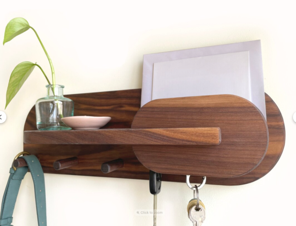 Wall Mounted Key Holder with Shelf, Wooden Entryway Organizer, 3 Hooks, Brown Walnut - Image 7