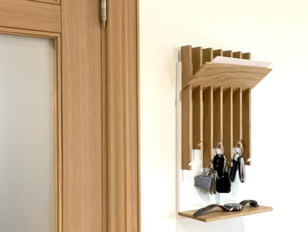 Wall Mounted Key Holder with Shelf, Wooden Multi-Hook Organiser for Entryway, Natural Oak Finish - Image 7