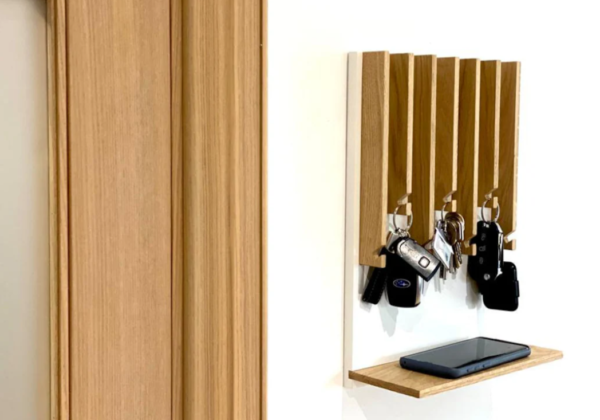 Wall Mounted Key Holder with Shelf, Wooden Multi-Hook Organiser for Entryway, Natural Oak Finish - Image 6