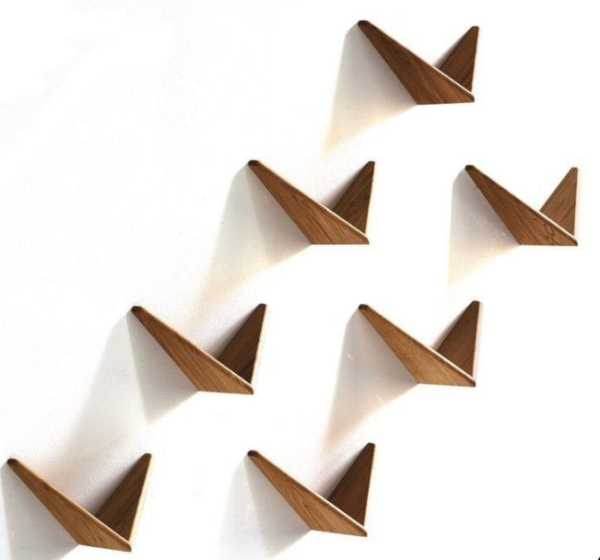 Modern Wooden Wall Hooks, Geometric Bird Design, Set of 4, Brown Sheesham Wood | Family Decor by JKS