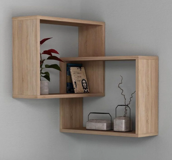 Modern Floating Wall Shelf, Geometric Design, Light Oak Wood Finish, 3-Tier Display Storage | Family Decor by JKS