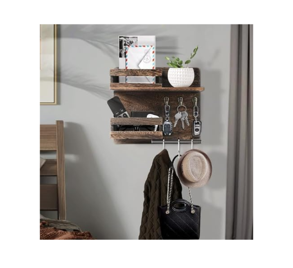 Family Decor | Rustic Wall-Mounted Mail and Key Organiser, 26.9 x 13.2 x 5 cm, with 3 Hooks and Double Storage Slots - Image 4