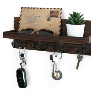 Family Decor | Wooden Wall-Mounted Shelf with Metal Keyhole Hangers, Deep Shelf, and Premium Metal Double Hooks