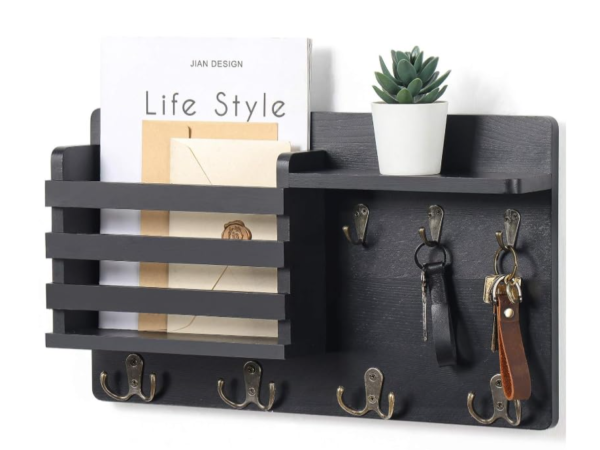 Wall-Mounted Mail Organiser with Key Hooks, 42.7 x 25.4 cm, Black Wood Shelf with 4 Metal Hooks | Family Decor by JKS