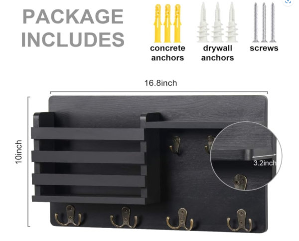 Wall-Mounted Mail Organiser with Key Hooks, 42.7 x 25.4 cm, Black Wood Shelf with 4 Metal Hooks | Family Decor by JKS - Image 3