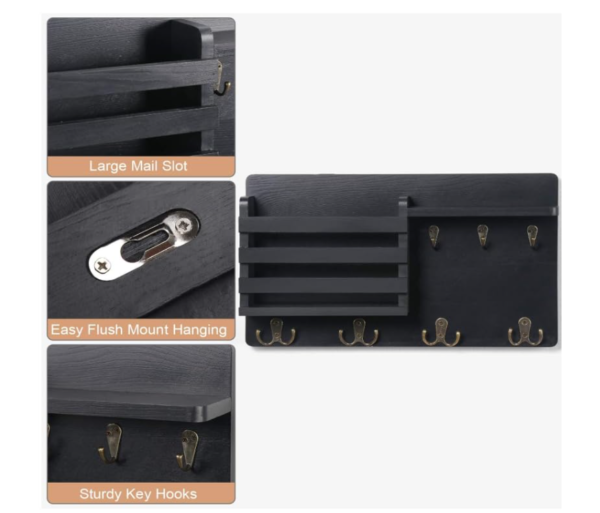 Wall-Mounted Mail Organiser with Key Hooks, 42.7 x 25.4 cm, Black Wood Shelf with 4 Metal Hooks | Family Decor by JKS - Image 2