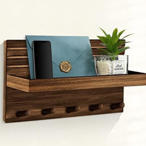 Family Decor | Wall Mounted Key Holder with Metal Hooks | Decorative Storage Shelf for Small Collectibles | Space for Artificial Plants | Modern Home Organizer
